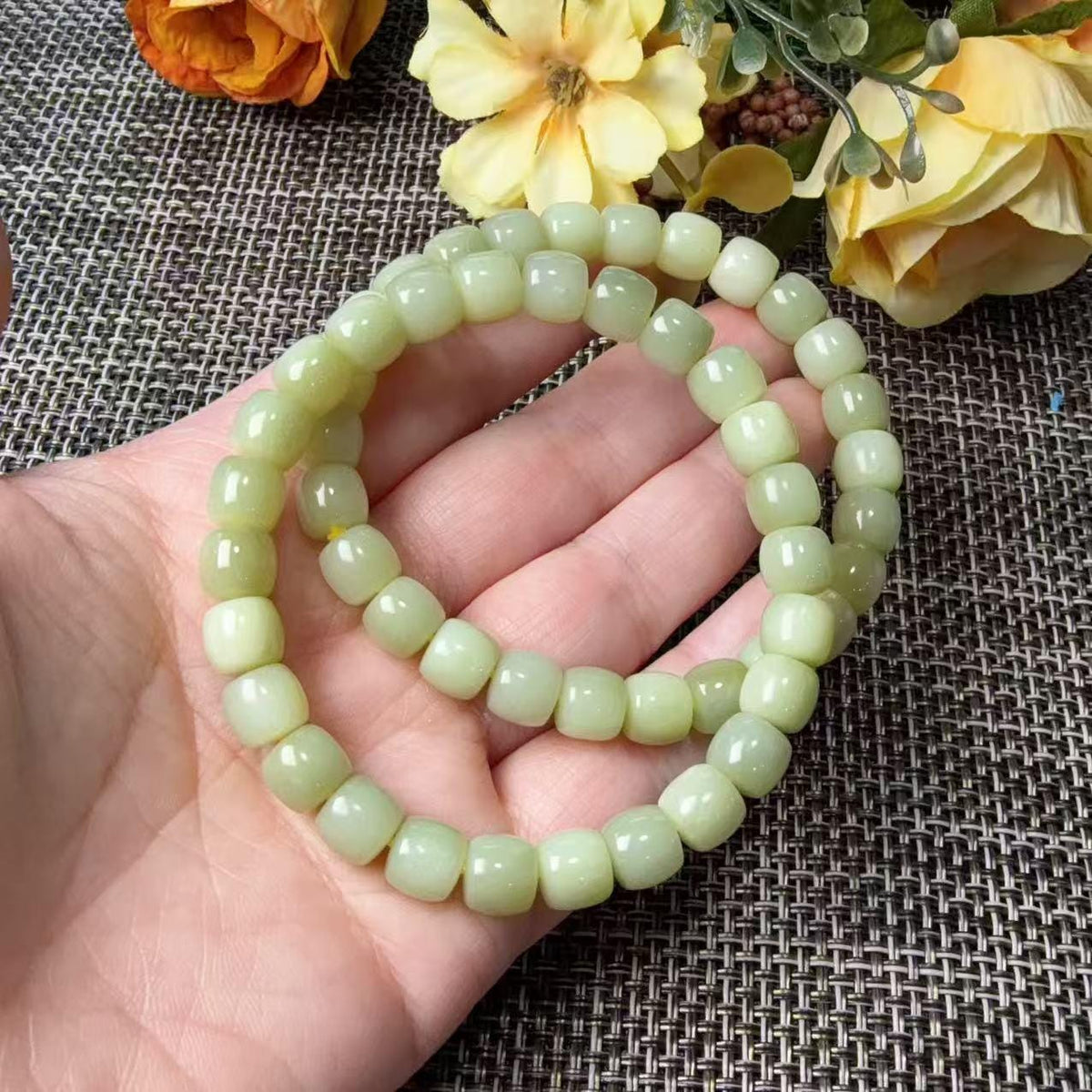 Natural Yellow Jade Barrel Bead Bracelet | Certified Yellow Jade Bracelet | Genuine Jade Stretch Bracelet | Minimalist Everyday Jewelry
