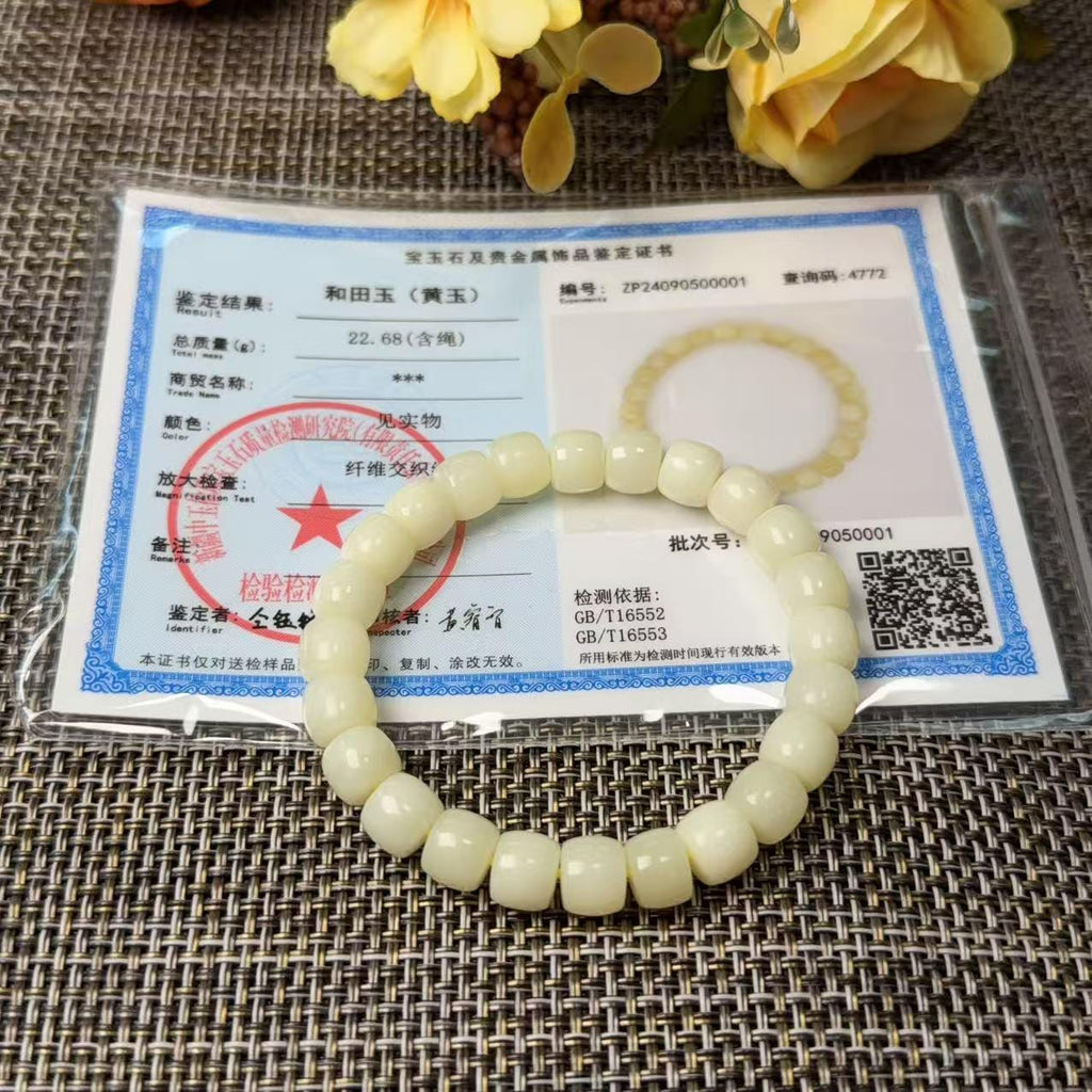 Natural Yellow Jade Barrel Bead Bracelet | Certified Yellow Jade Bracelet | Genuine Jade Stretch Bracelet | Minimalist Everyday Jewelry
