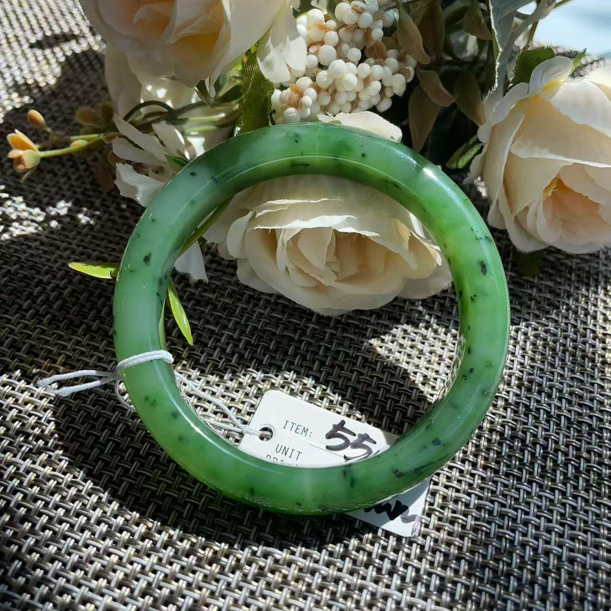 Natural Nephrite Jade Bangle Bracelet | Rich Green Jade with Natural Black Inclusions | 55.2mm Round Bangle | Certified Genuine Jade Gift
