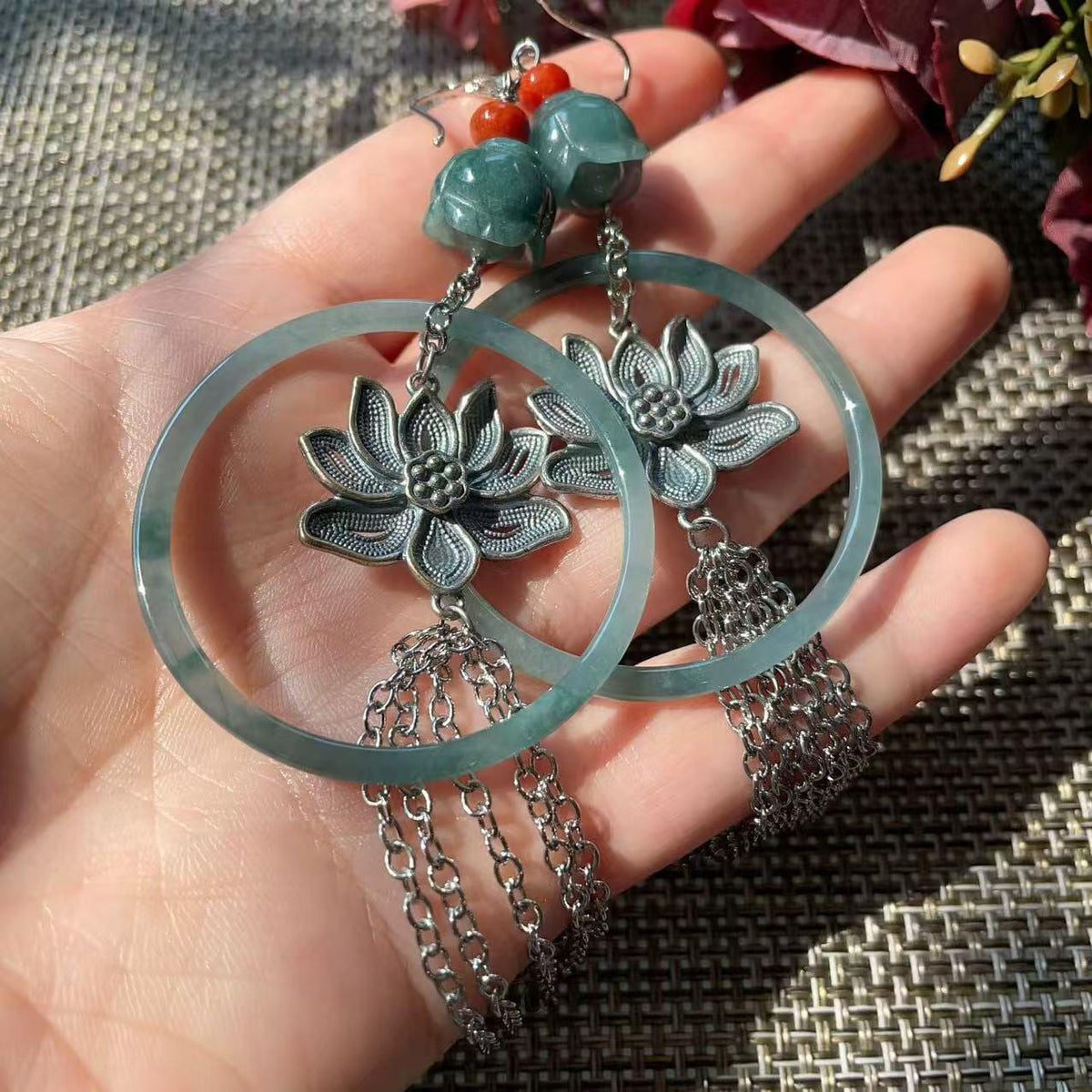 Natural Blue Jadeite Long Tassel Earrings, Floral Jade Dangle Earrings, Silver Filled Statement Earrings, Large Hoop Earrings