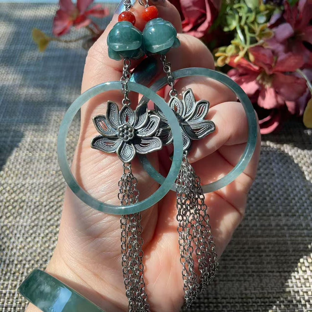 Natural Blue Jadeite Long Tassel Earrings, Floral Jade Dangle Earrings, Silver Filled Statement Earrings, Large Hoop Earrings