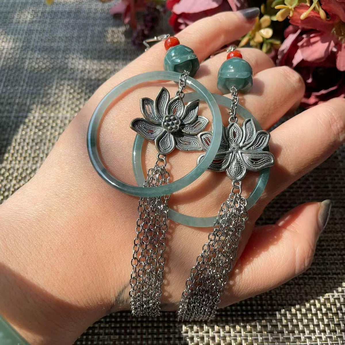 Natural Blue Jadeite Long Tassel Earrings, Floral Jade Dangle Earrings, Silver Filled Statement Earrings, Large Hoop Earrings