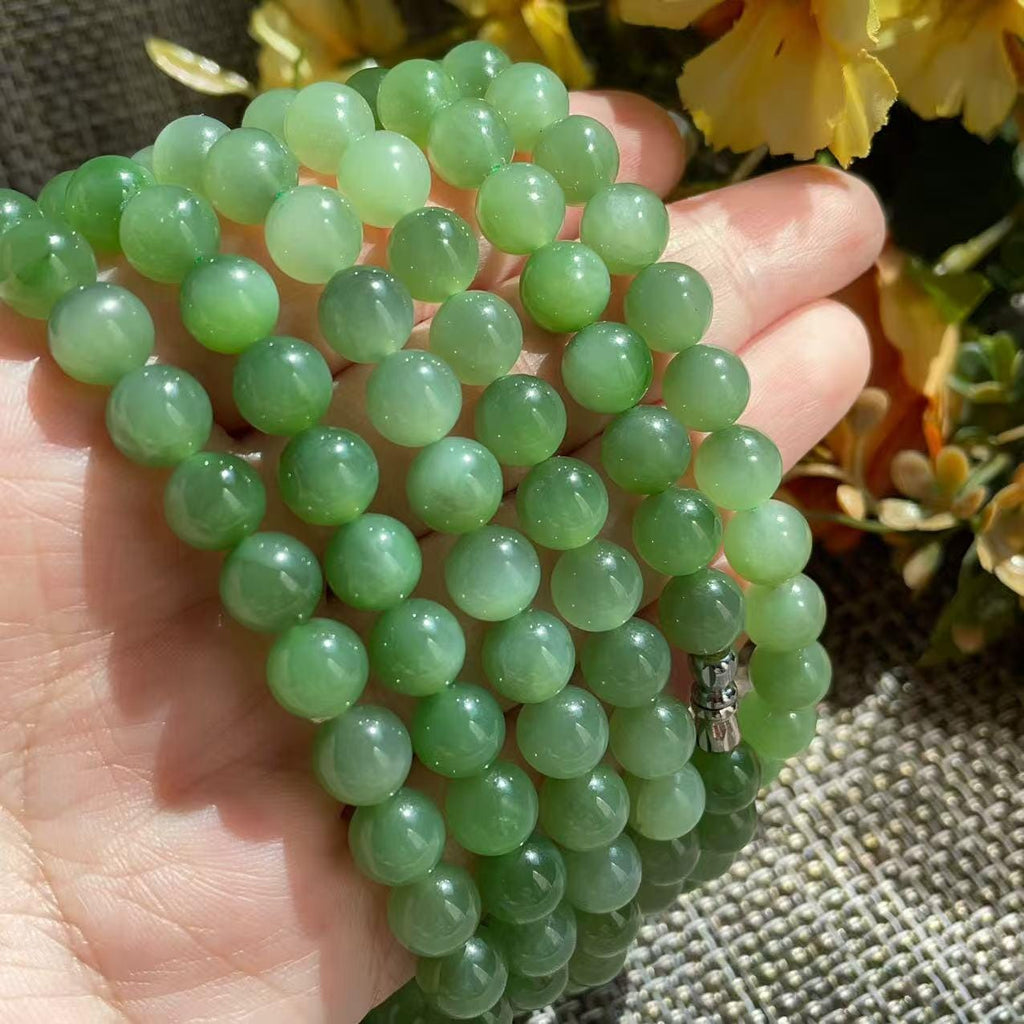 Natural Icy Green Nephrite Jade Beaded Necklace | 7.5–8mm Round Beads | High Grade Jade | Certified Green Jade Jewelry