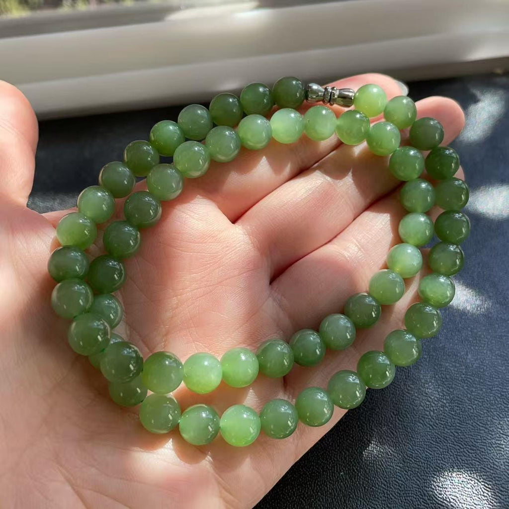Natural Icy Green Nephrite Jade Beaded Necklace | 7.5–8mm Round Beads | High Grade Jade | Certified Green Jade Jewelry