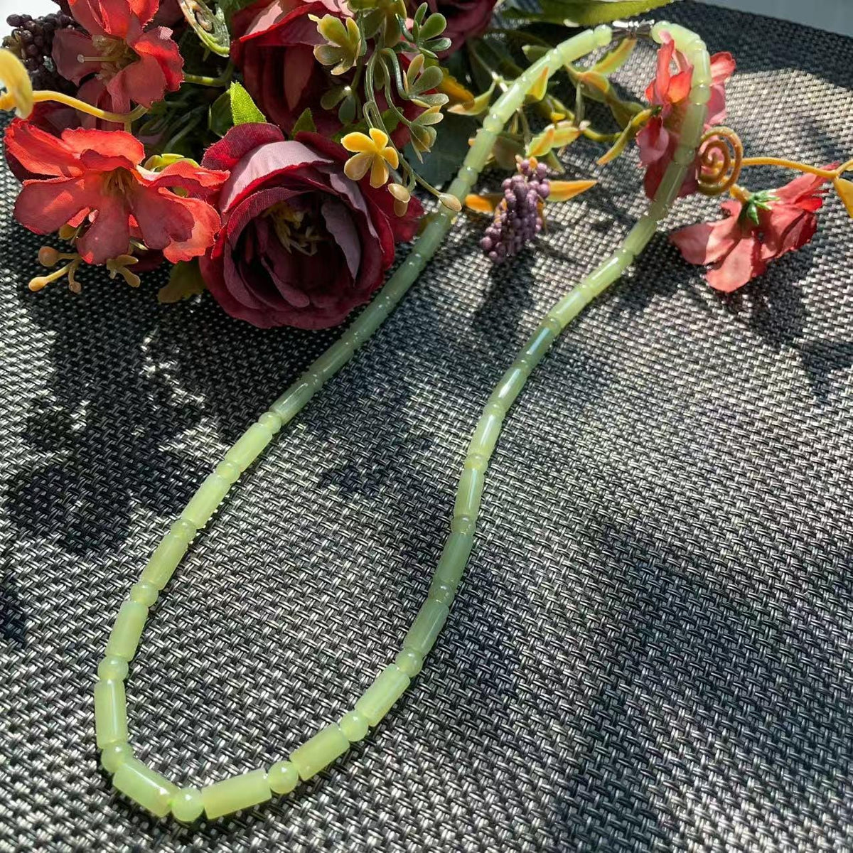 Natural Soft Green Nephrite Jade Necklace | Barrel & Round Beads | 18" Jade Necklace | Minimalist Green Jade Jewelry | Certified