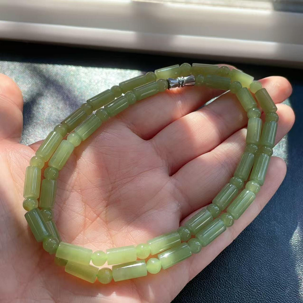 Natural Soft Green Nephrite Jade Necklace | Barrel & Round Beads | 18" Jade Necklace | Minimalist Green Jade Jewelry | Certified