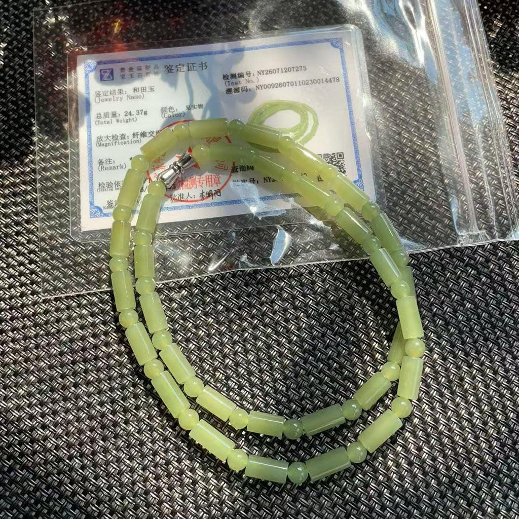 Natural Soft Green Nephrite Jade Necklace | Barrel & Round Beads | 18" Jade Necklace | Minimalist Green Jade Jewelry | Certified