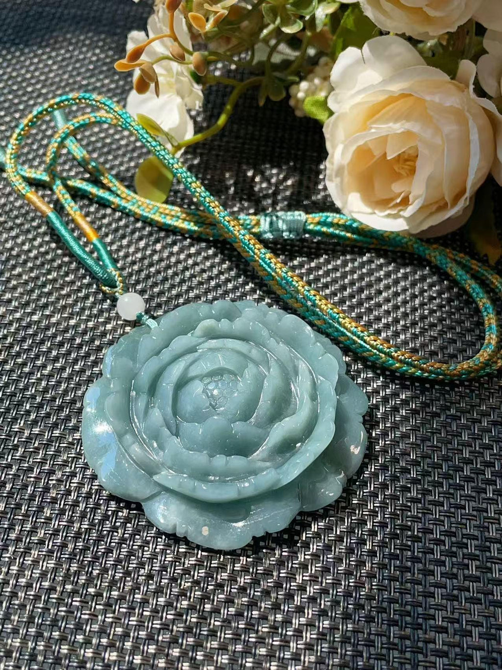 Natural Blue Green Jadeite Rose Pendant Necklace, Hand Carved Flower Jade Pendant, Large Jade Necklace, Adjustable Cord, Gift for Her
