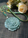 Natural Blue Green Jadeite Rose Pendant Necklace, Hand Carved Flower Jade Pendant, Large Jade Necklace, Adjustable Cord, Gift for Her