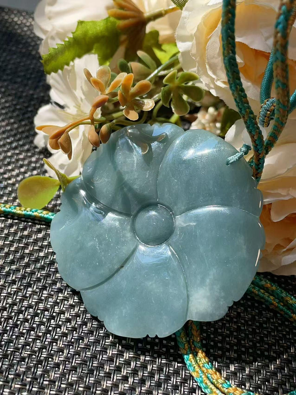 Natural Blue Green Jadeite Rose Pendant Necklace, Hand Carved Flower Jade Pendant, Large Jade Necklace, Adjustable Cord, Gift for Her