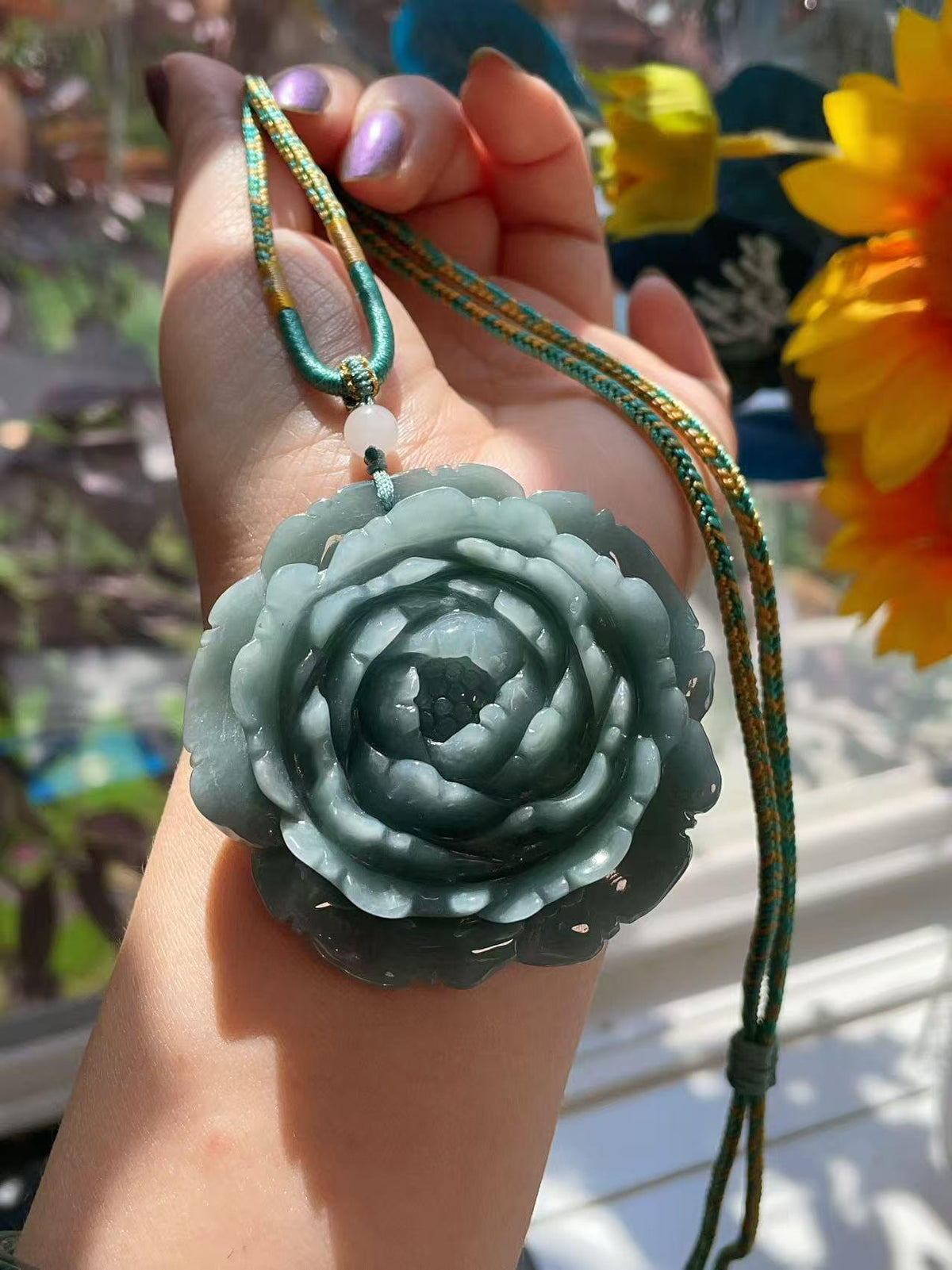 Natural Blue Green Jadeite Rose Pendant Necklace, Hand Carved Flower Jade Pendant, Large Jade Necklace, Adjustable Cord, Gift for Her