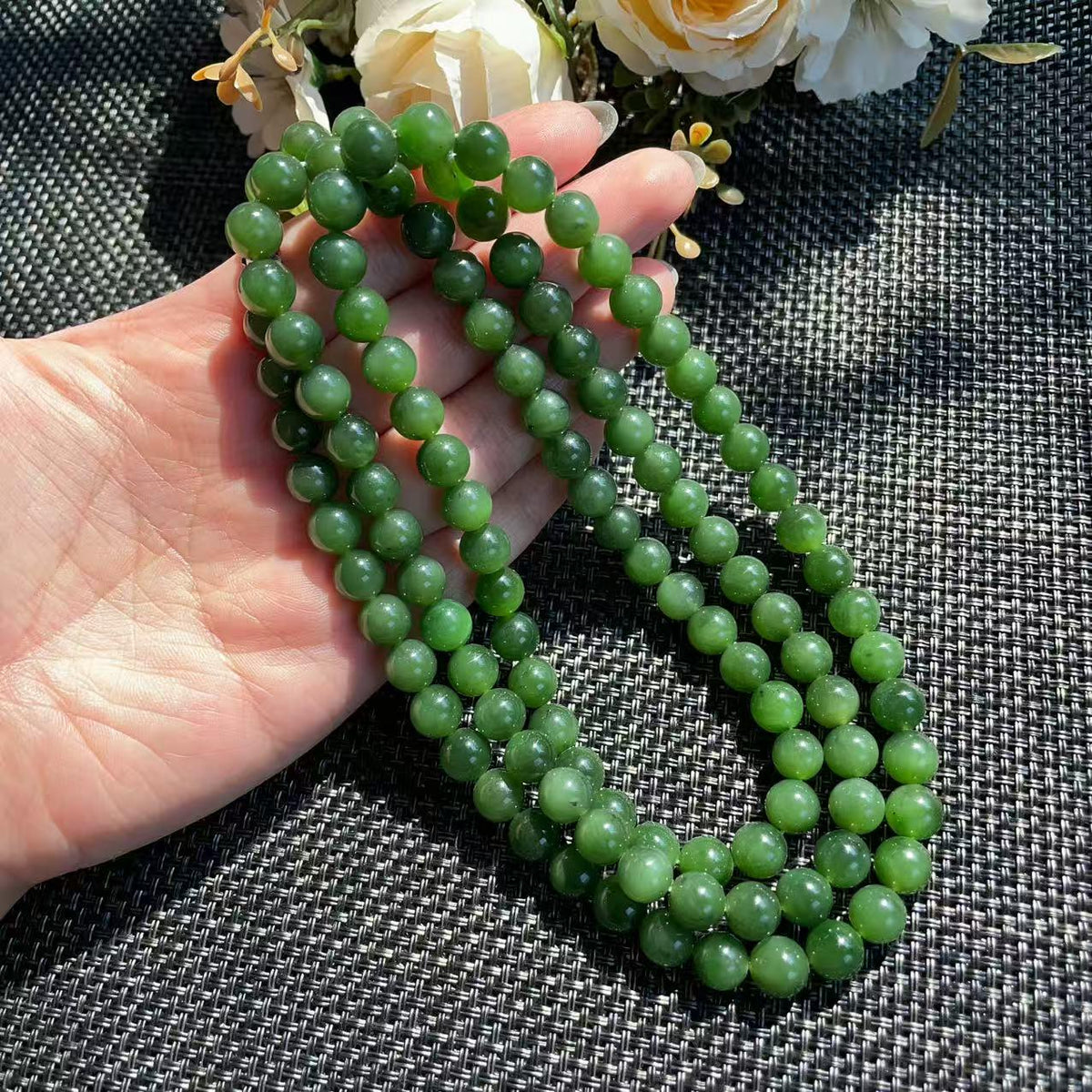 Natural Nephrite Jade Long Necklace | 36" Spinach Green Beaded Necklace | 8mm Round Jade Beads | Certified Real Jade Chain Necklace