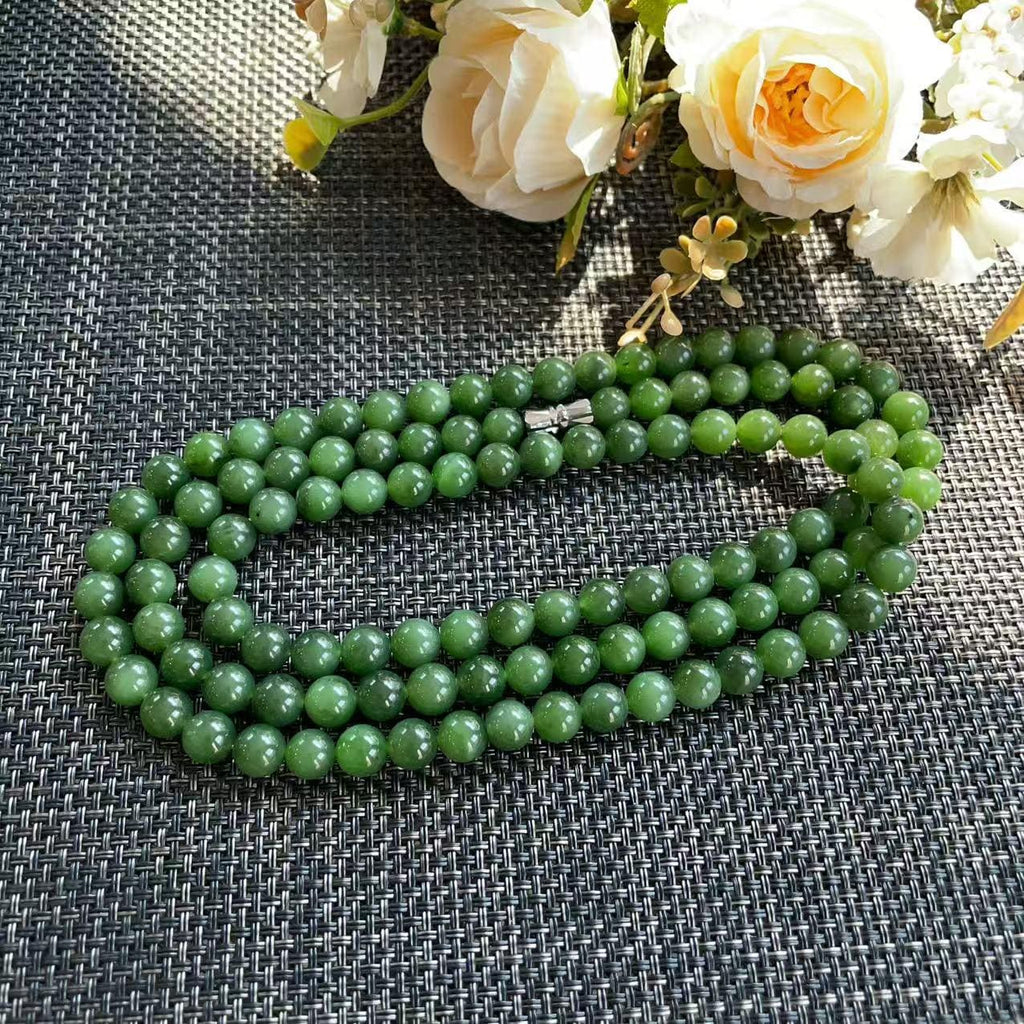 Natural Nephrite Jade Long Necklace | 36" Spinach Green Beaded Necklace | 8mm Round Jade Beads | Certified Real Jade Chain Necklace