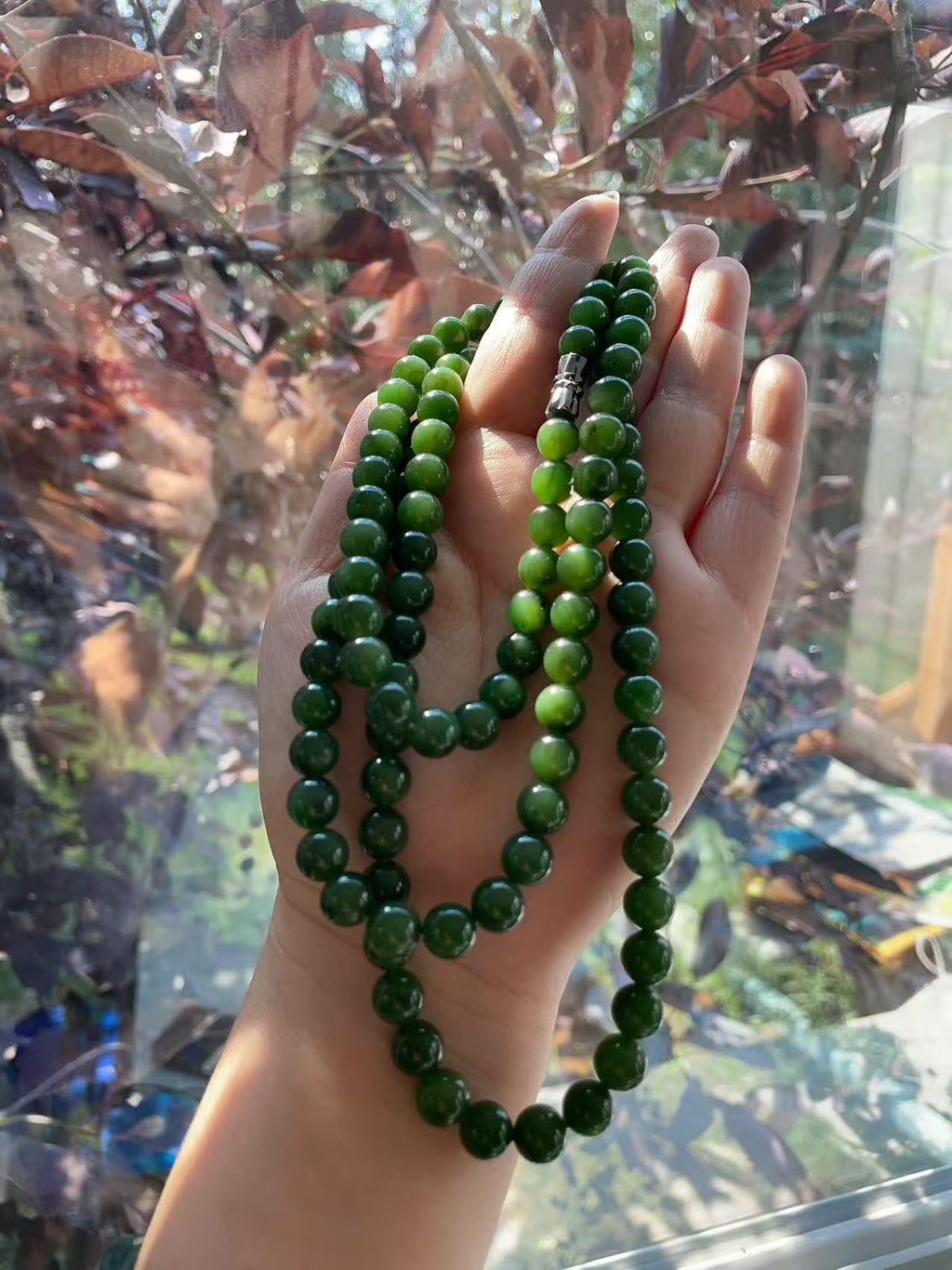 Natural Nephrite Jade Long Necklace | 36" Spinach Green Beaded Necklace | 8mm Round Jade Beads | Certified Real Jade Chain Necklace