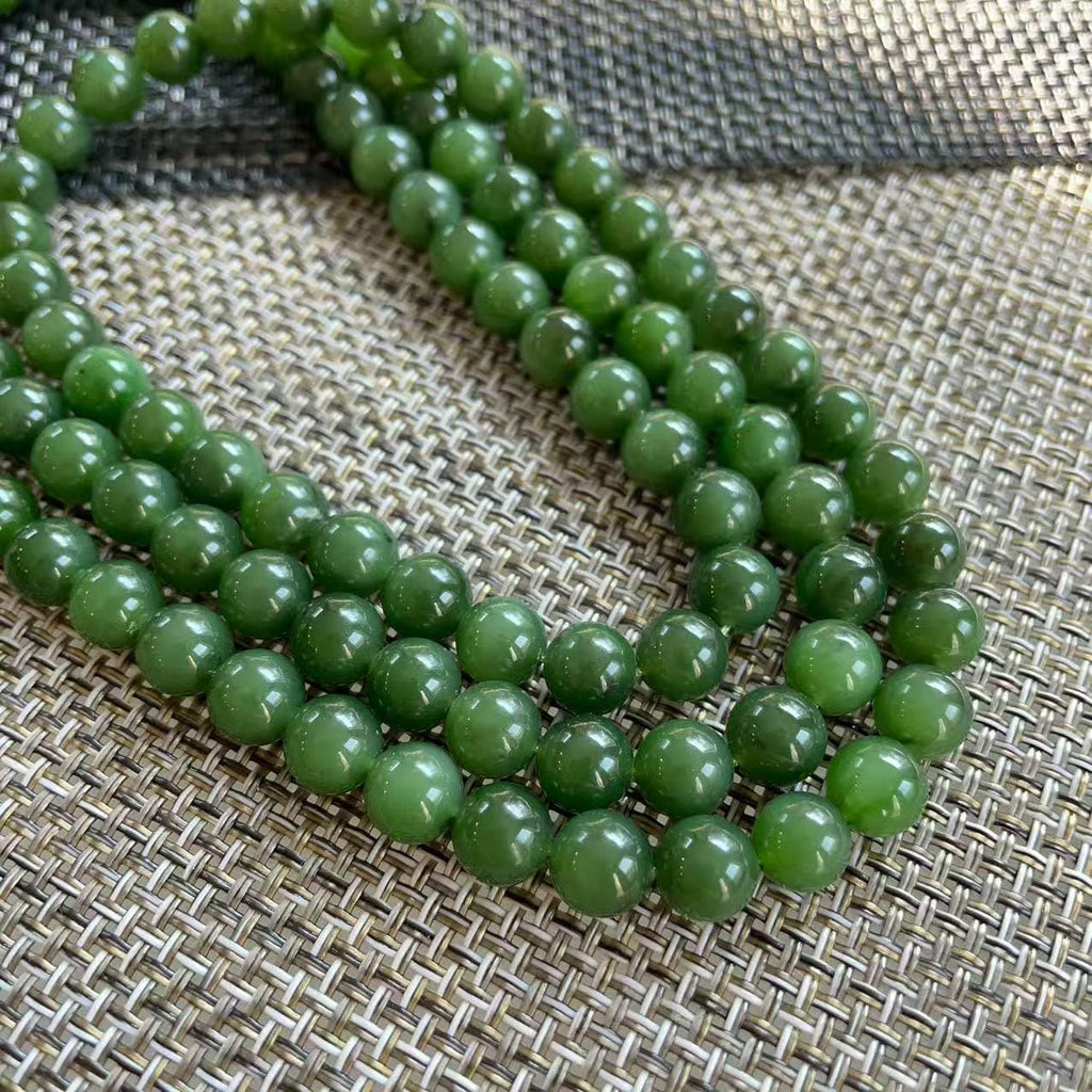 Natural Nephrite Jade Long Necklace | 36" Spinach Green Beaded Necklace | 8mm Round Jade Beads | Certified Real Jade Chain Necklace