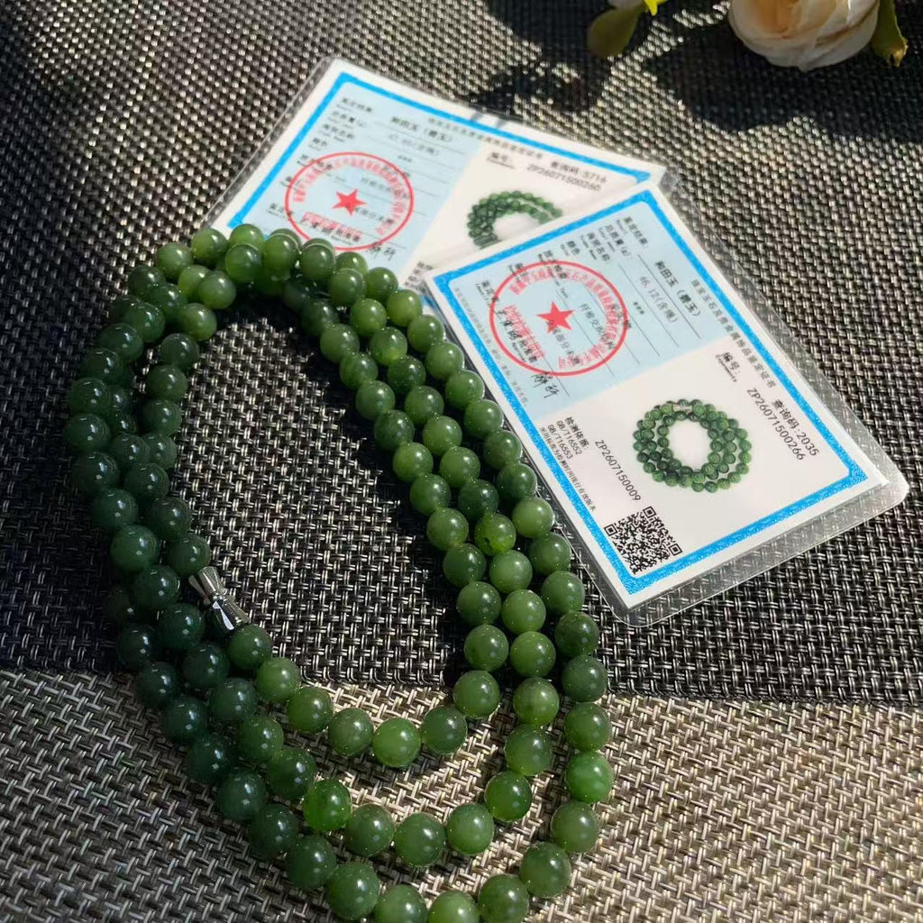 Natural Nephrite Jade Long Necklace | 36" Spinach Green Beaded Necklace | 8mm Round Jade Beads | Certified Real Jade Chain Necklace