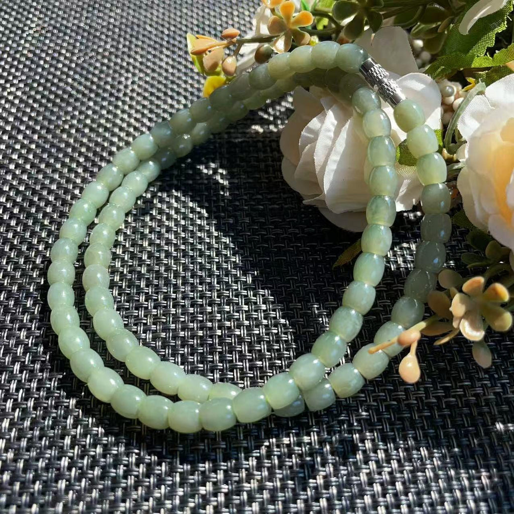Natural Nephrite Jade Barrel Bead Necklace | Soft Green Jade Beaded Necklace | 18" Handmade Gemstone Necklace | 6mm Jade Beads