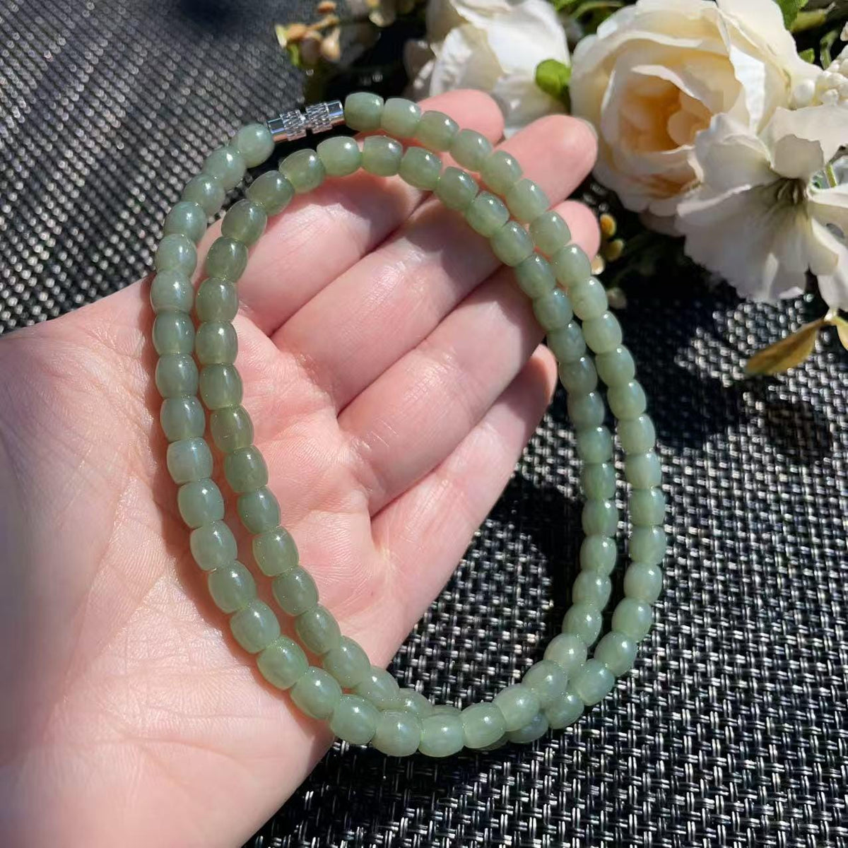 Natural Nephrite Jade Barrel Bead Necklace | Soft Green Jade Beaded Necklace | 18" Handmade Gemstone Necklace | 6mm Jade Beads