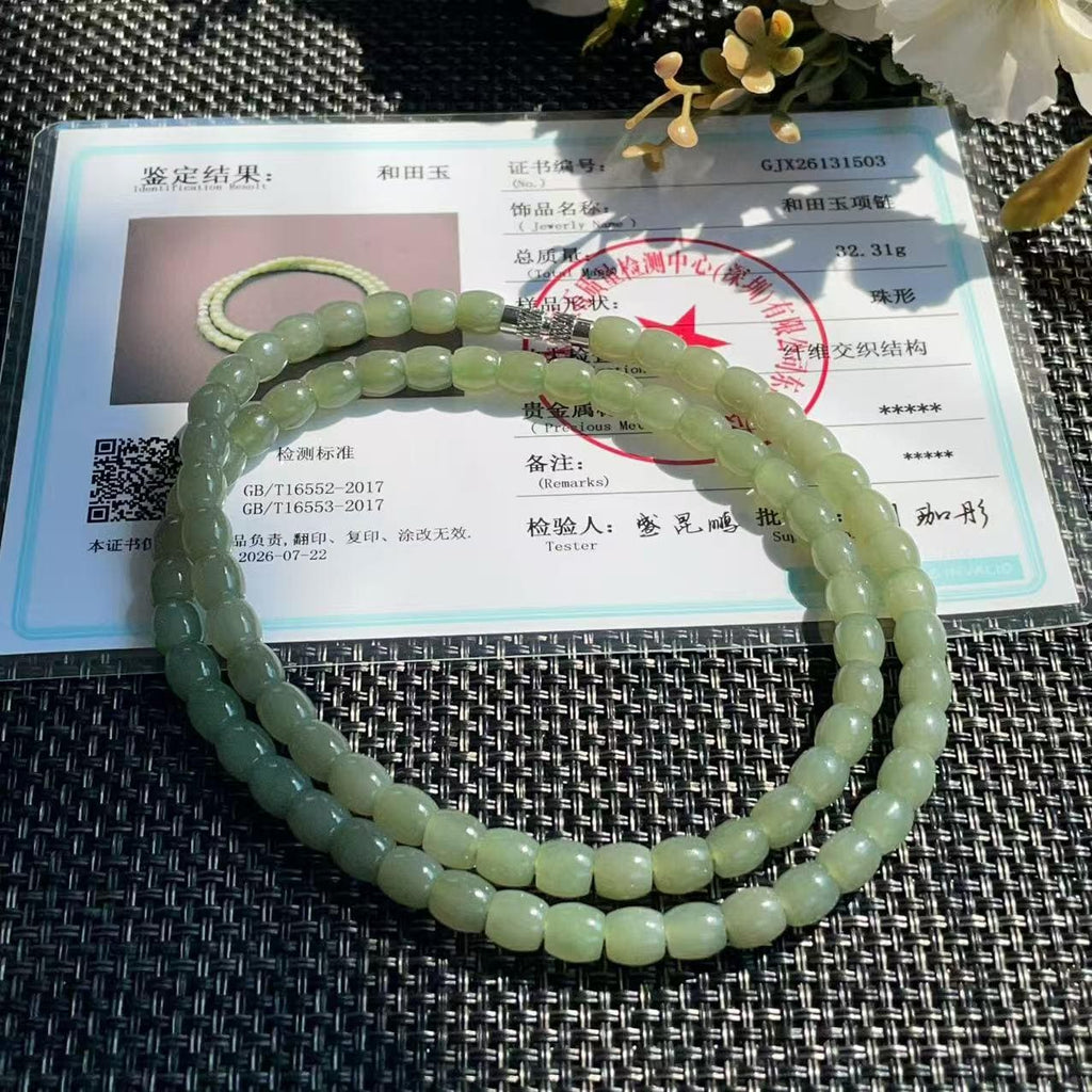 Natural Nephrite Jade Barrel Bead Necklace | Soft Green Jade Beaded Necklace | 18" Handmade Gemstone Necklace | 6mm Jade Beads