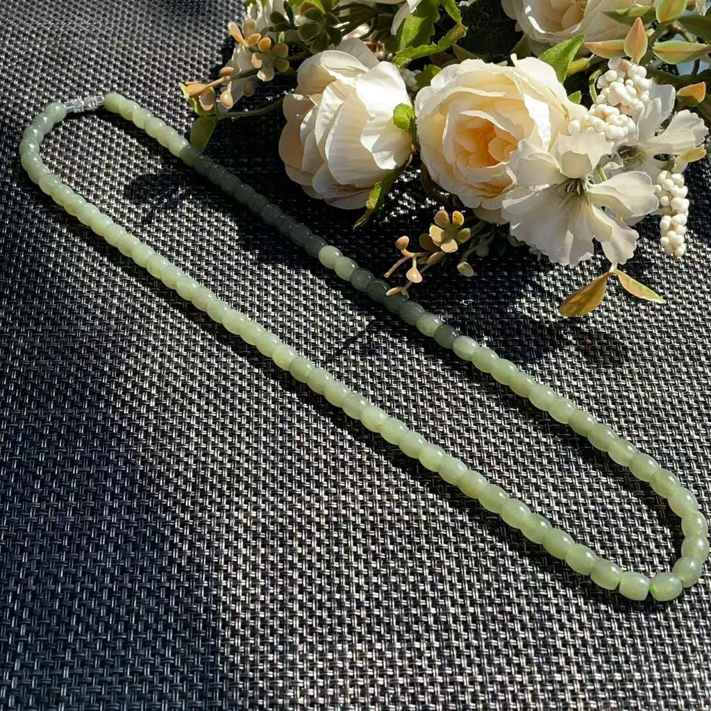 Natural Nephrite Jade Barrel Bead Necklace | Soft Green Jade Beaded Necklace | 18" Handmade Gemstone Necklace | 6mm Jade Beads
