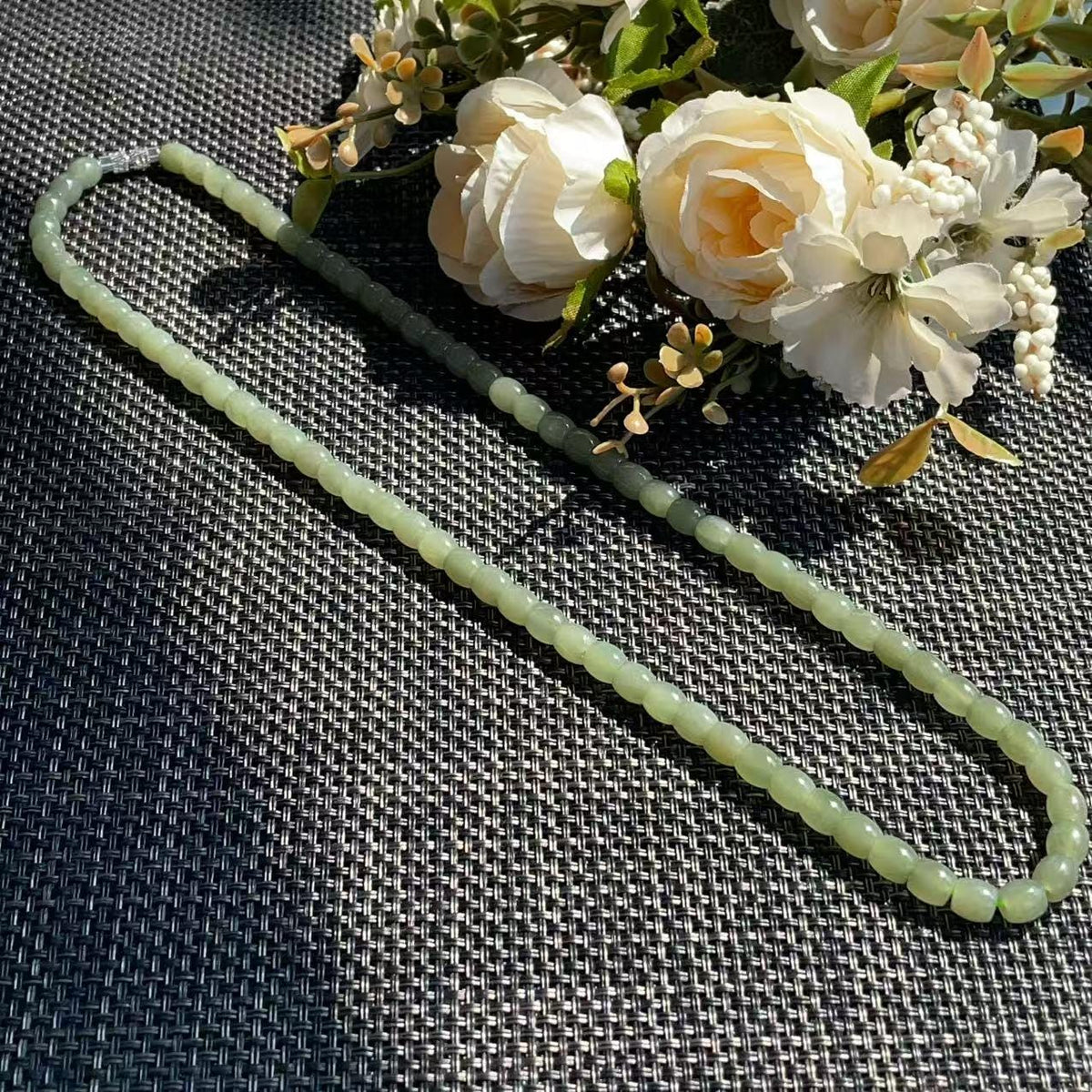 Natural Nephrite Jade Barrel Bead Necklace | Soft Green Jade Beaded Necklace | 18" Handmade Gemstone Necklace | 6mm Jade Beads