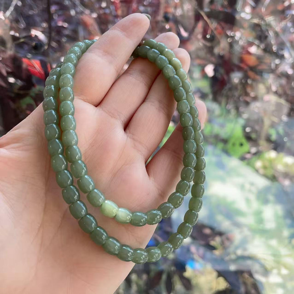 Natural Nephrite Jade Barrel Bead Necklace | Soft Green Jade Beaded Necklace | 18" Handmade Gemstone Necklace | 6mm Jade Beads