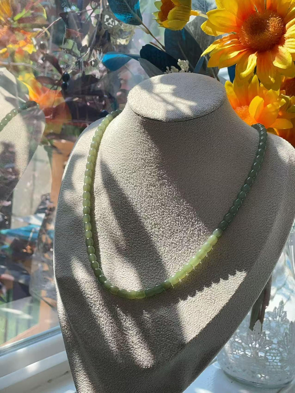 Natural Nephrite Jade Barrel Bead Necklace | Soft Green Jade Beaded Necklace | 18" Handmade Gemstone Necklace | 6mm Jade Beads