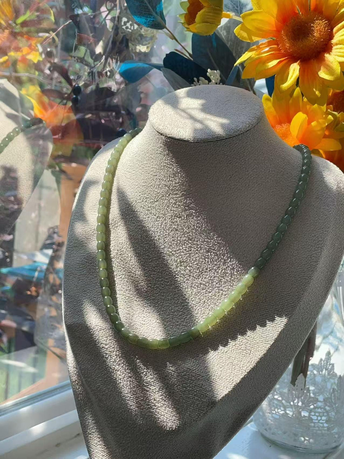 Natural Nephrite Jade Barrel Bead Necklace | Soft Green Jade Beaded Necklace | 18" Handmade Gemstone Necklace | 6mm Jade Beads
