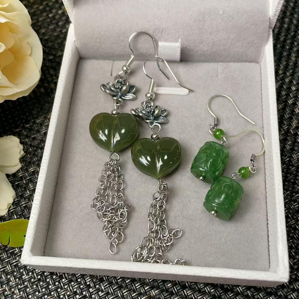 Natural Nephrite Jade Earrings, Green Jade Dangle Earrings, Heart Jade Tassel Earrings, Carved Jade Drop Earrings, Real Jade Gift