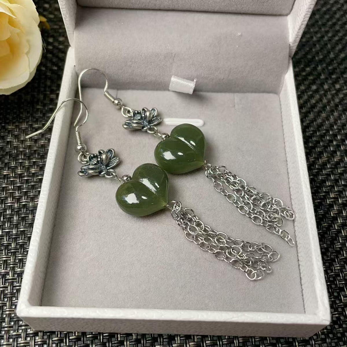 Natural Nephrite Jade Earrings, Green Jade Dangle Earrings, Heart Jade Tassel Earrings, Carved Jade Drop Earrings, Real Jade Gift