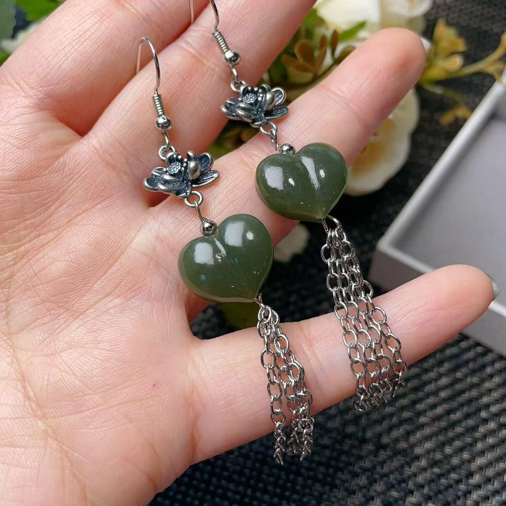 Natural Nephrite Jade Earrings, Green Jade Dangle Earrings, Heart Jade Tassel Earrings, Carved Jade Drop Earrings, Real Jade Gift