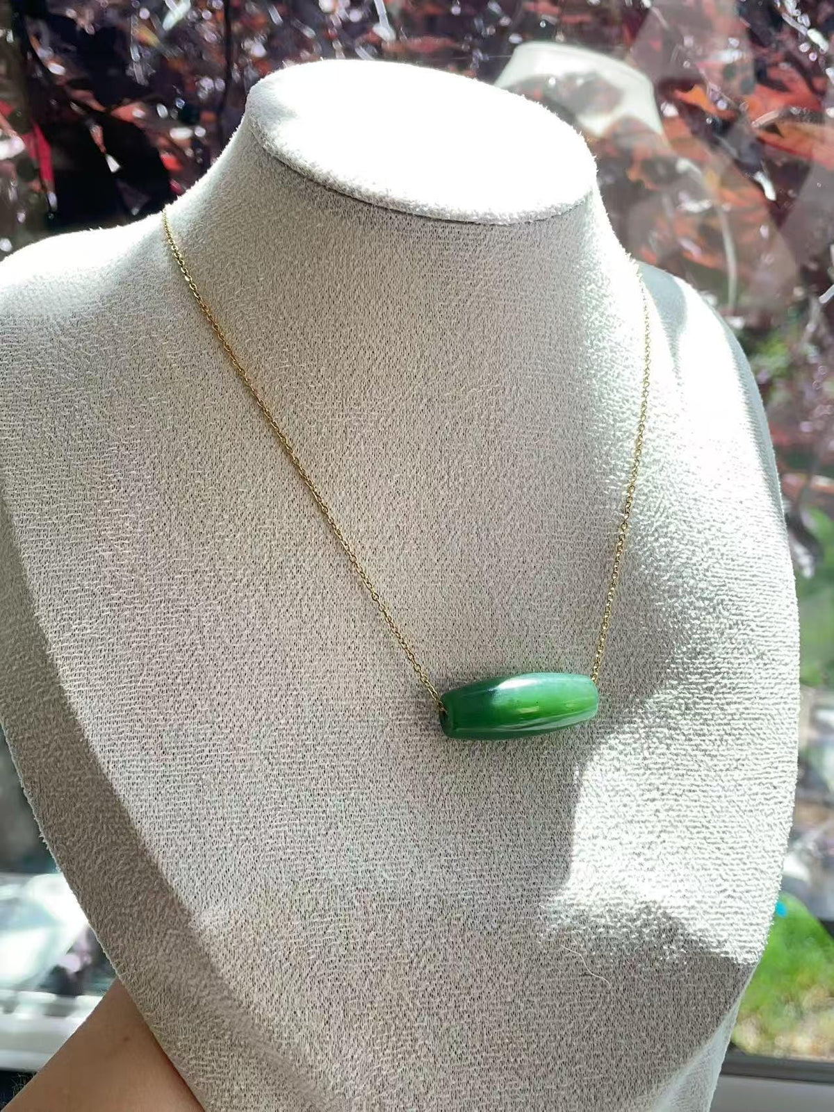 Natural Nephrite Jade Barrel Bead Necklace, Green Jade Tube Pendant, Minimalist 18K Gold Plated Chain, Certified Jade Gift