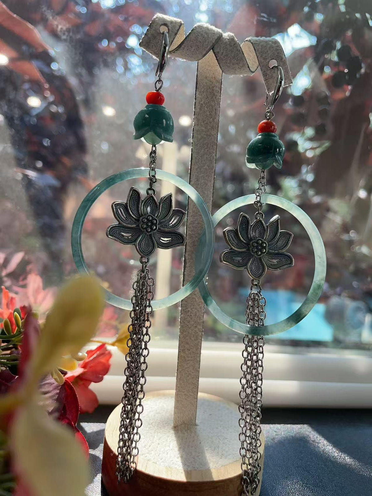 Natural Blue Jadeite Long Tassel Earrings, Floral Jade Dangle Earrings, Silver Filled Statement Earrings, Large Hoop Earrings