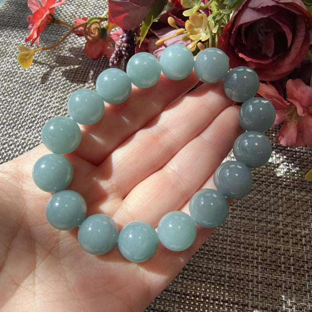 Natural Blue Water Jadeite Bracelet, 12.5–13mm Large Bead Jade Bracelet, Custom Size 6–9 Inches, Minimalist Real Jadeite Bracelet