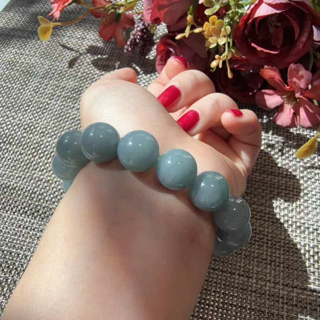 Natural Blue Water Jadeite Bracelet, 12.5–13mm Large Bead Jade Bracelet, Custom Size 6–9 Inches, Minimalist Real Jadeite Bracelet