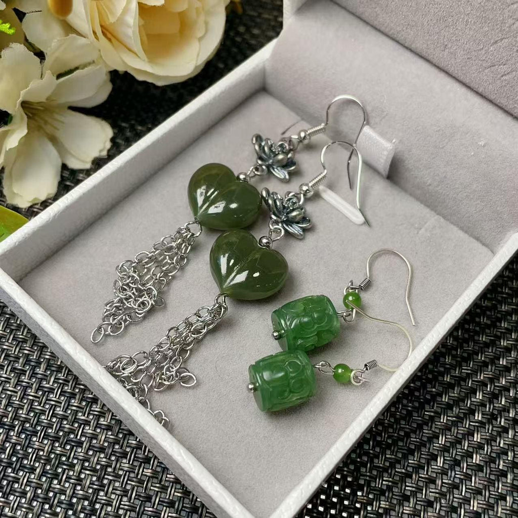 Natural Nephrite Jade Earrings, Green Jade Dangle Earrings, Heart Jade Tassel Earrings, Carved Jade Drop Earrings, Real Jade Gift