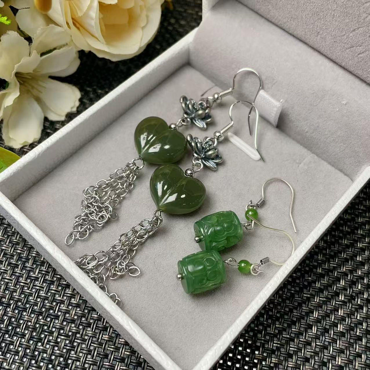 Natural Nephrite Jade Earrings, Green Jade Dangle Earrings, Heart Jade Tassel Earrings, Carved Jade Drop Earrings, Real Jade Gift
