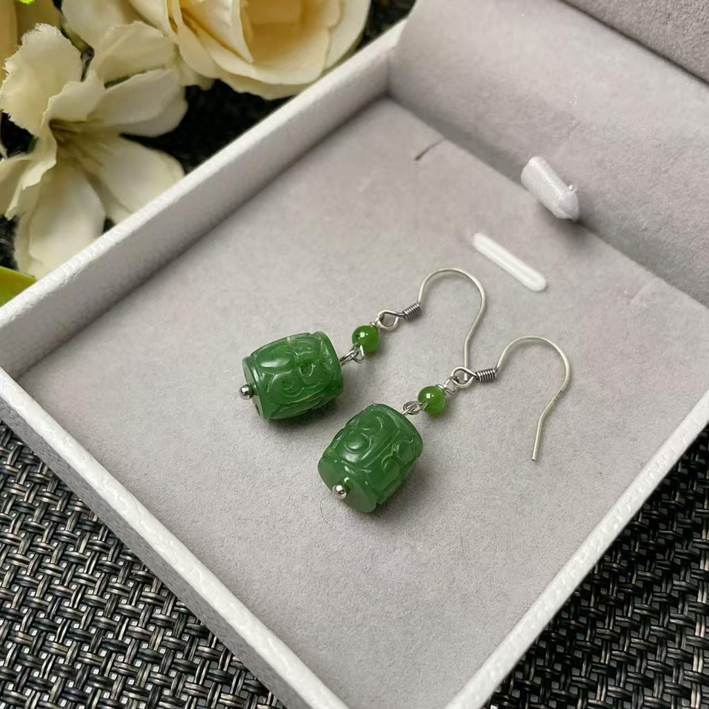 Natural Nephrite Jade Earrings, Green Jade Dangle Earrings, Heart Jade Tassel Earrings, Carved Jade Drop Earrings, Real Jade Gift