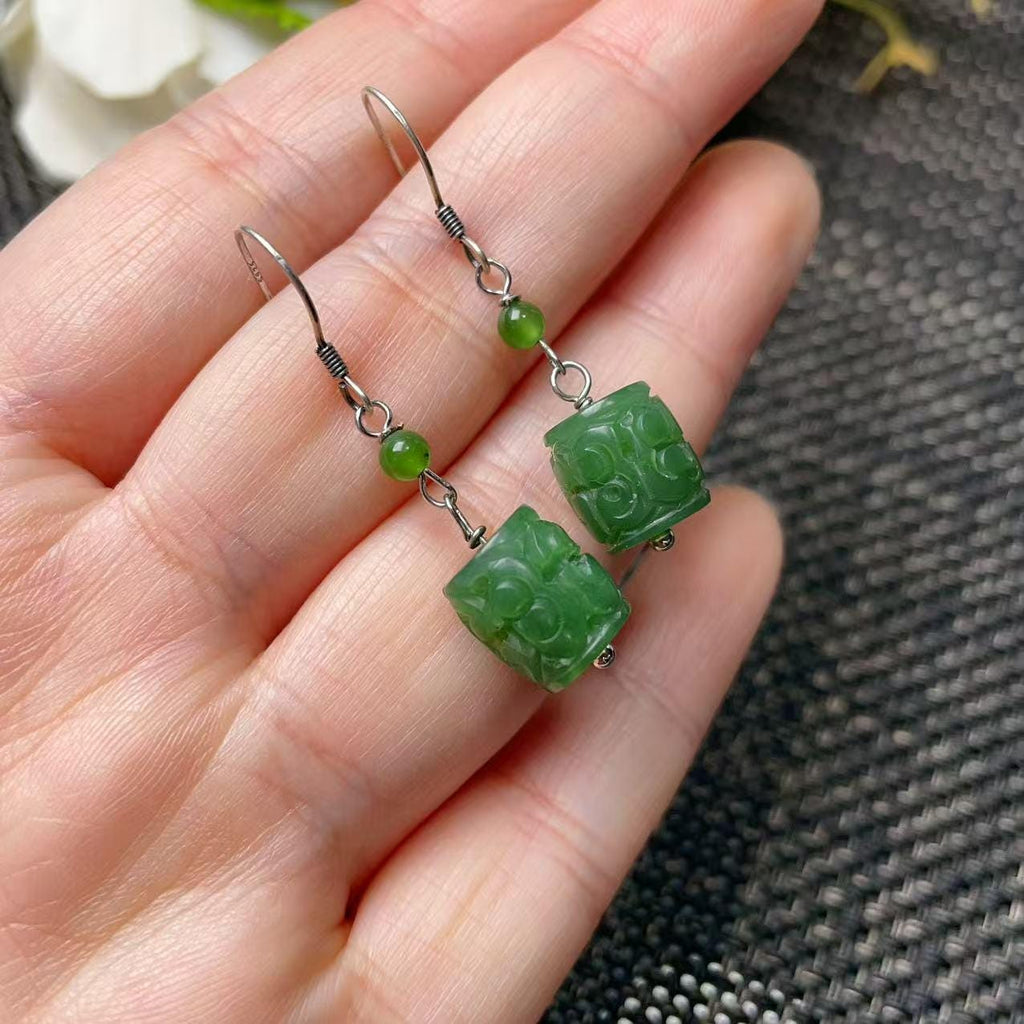 Natural Nephrite Jade Earrings, Green Jade Dangle Earrings, Heart Jade Tassel Earrings, Carved Jade Drop Earrings, Real Jade Gift