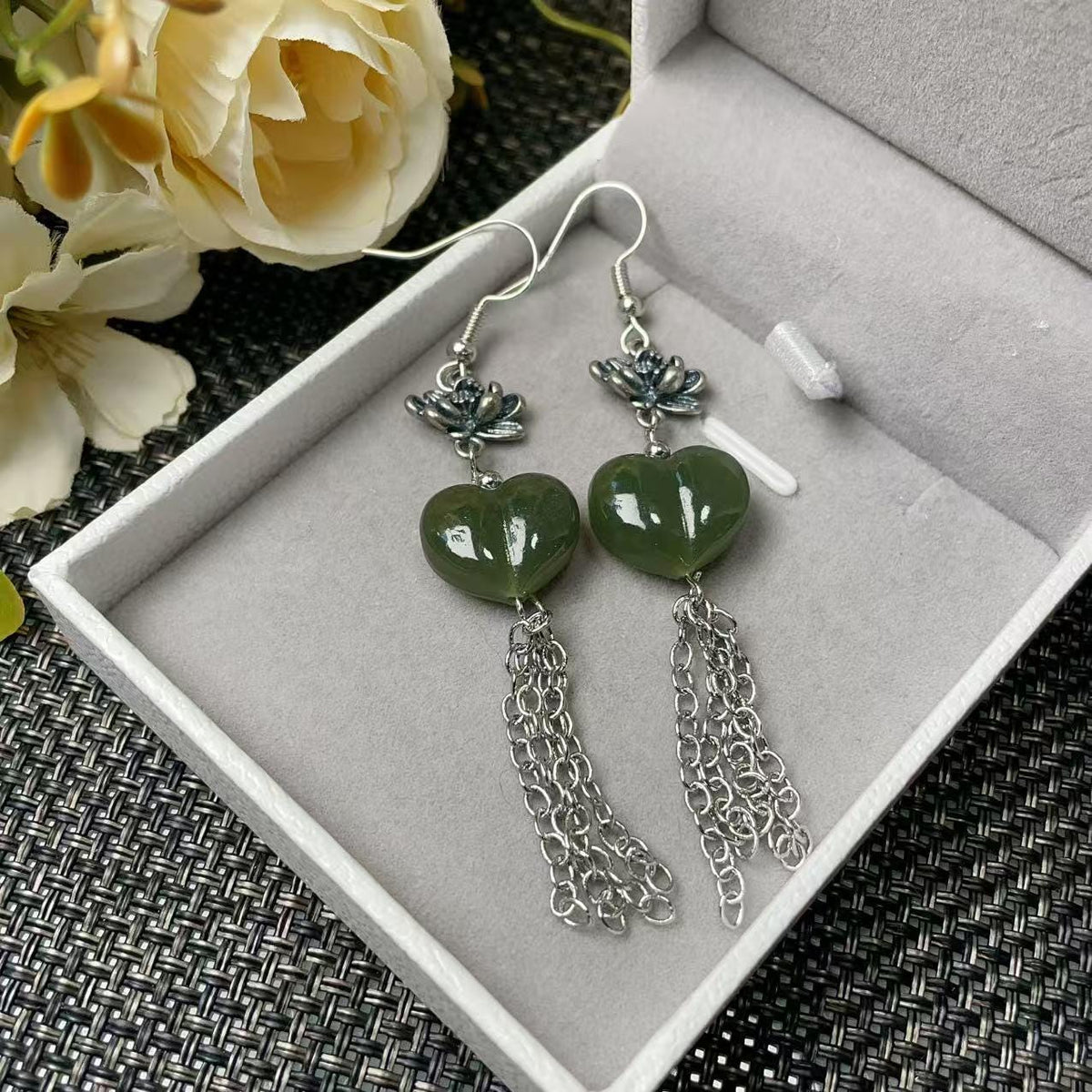 Natural Nephrite Jade Earrings, Green Jade Dangle Earrings, Heart Jade Tassel Earrings, Carved Jade Drop Earrings, Real Jade Gift
