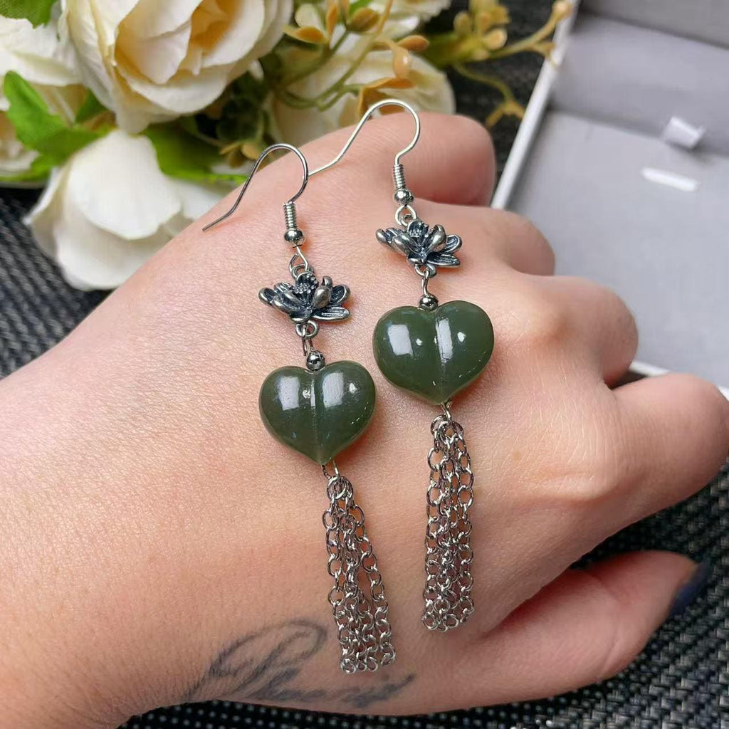 Natural Nephrite Jade Earrings, Green Jade Dangle Earrings, Heart Jade Tassel Earrings, Carved Jade Drop Earrings, Real Jade Gift