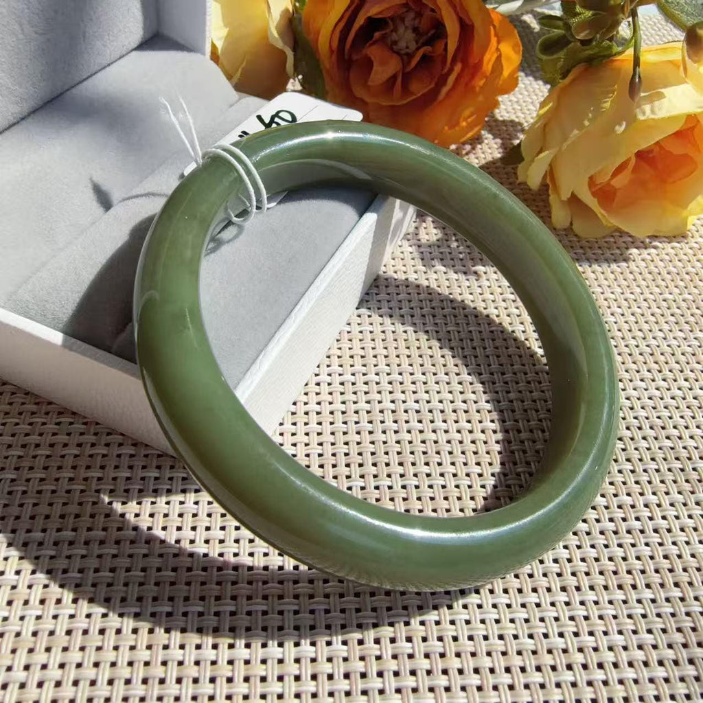 Natural Green Jade Bangle 60mm | Avocado Green Nephrite Jade Bracelet | 12.2mm Classic Round Bangle | Certificate Included