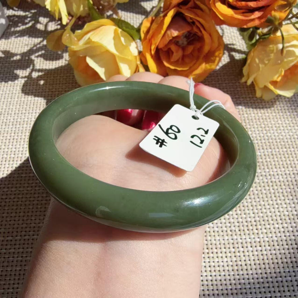 Natural Green Jade Bangle 60mm | Avocado Green Nephrite Jade Bracelet | 12.2mm Classic Round Bangle | Certificate Included