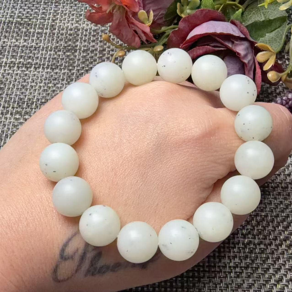 Natural White Nephrite Jade Bracelet, 12mm Ink Spot Jade Beads, White and Green Jade Bracelet, Genuine Jade Jewelry, One of a Kind