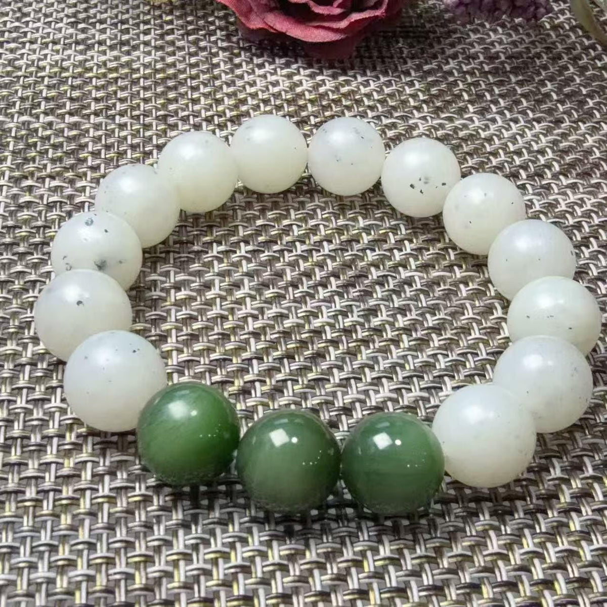 Natural White Nephrite Jade Bracelet, 12mm Ink Spot Jade Beads, White and Green Jade Bracelet, Genuine Jade Jewelry, One of a Kind