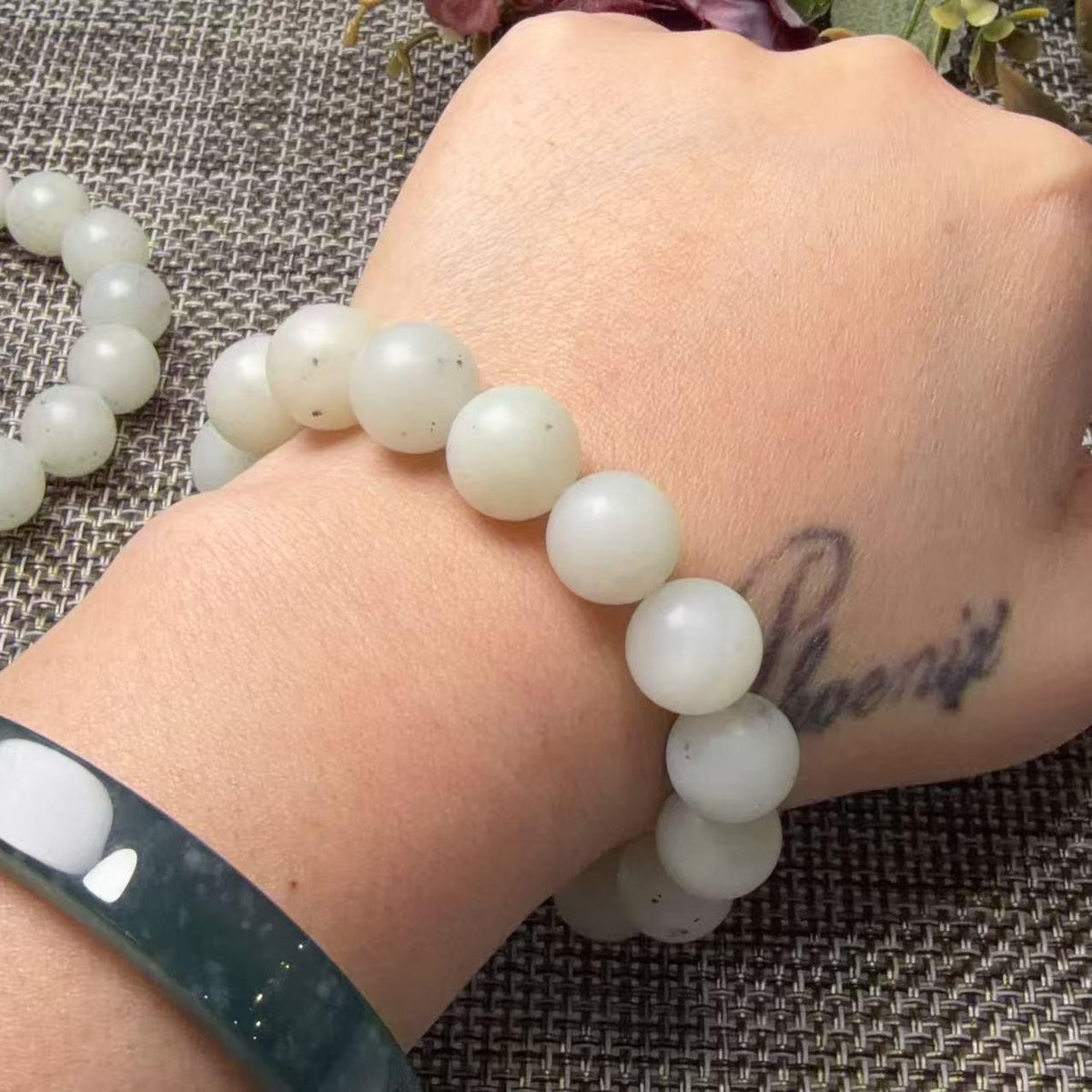 Natural White Nephrite Jade Bracelet, 12mm Ink Spot Jade Beads, White and Green Jade Bracelet, Genuine Jade Jewelry, One of a Kind