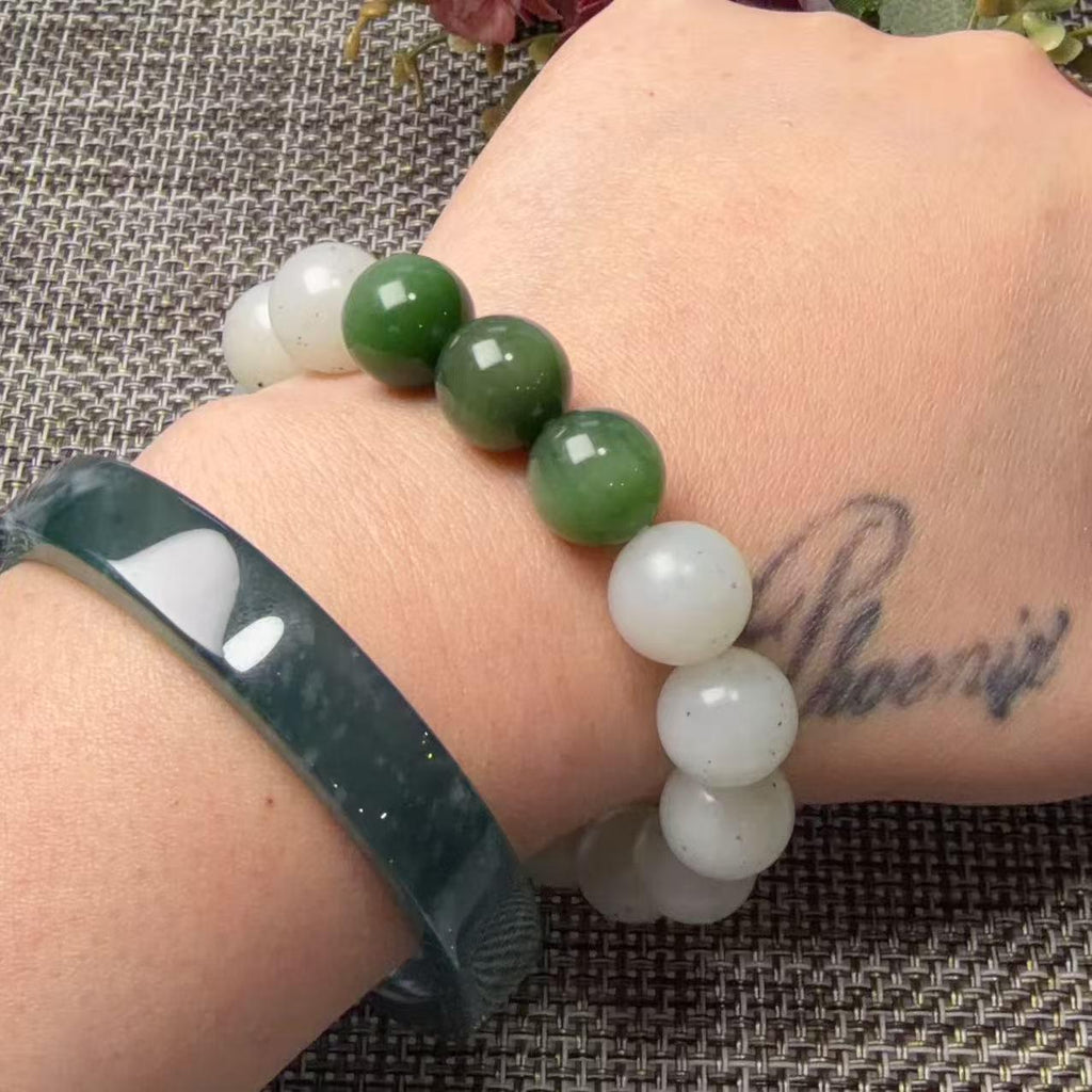Natural White Nephrite Jade Bracelet, 12mm Ink Spot Jade Beads, White and Green Jade Bracelet, Genuine Jade Jewelry, One of a Kind