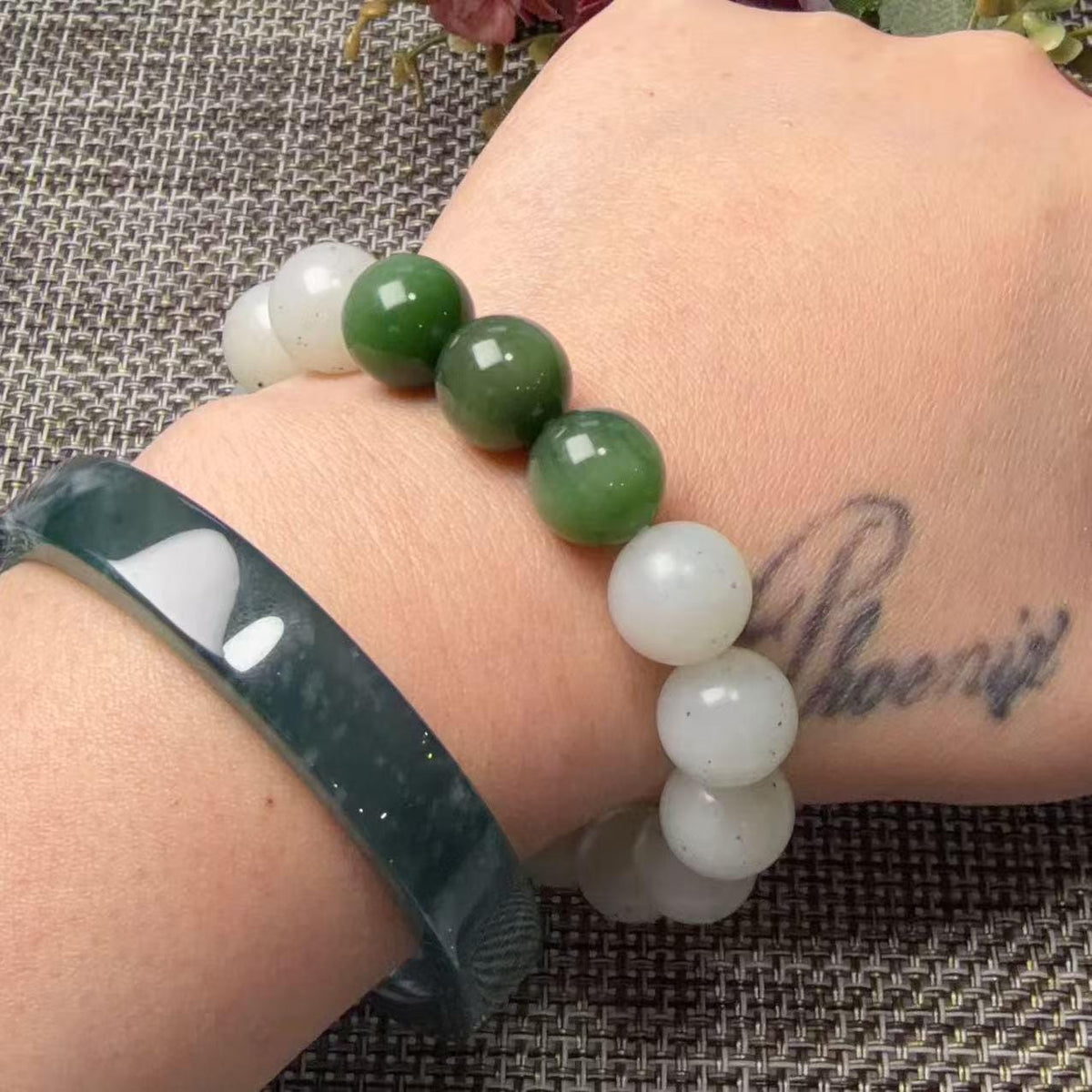 Natural White Nephrite Jade Bracelet, 12mm Ink Spot Jade Beads, White and Green Jade Bracelet, Genuine Jade Jewelry, One of a Kind