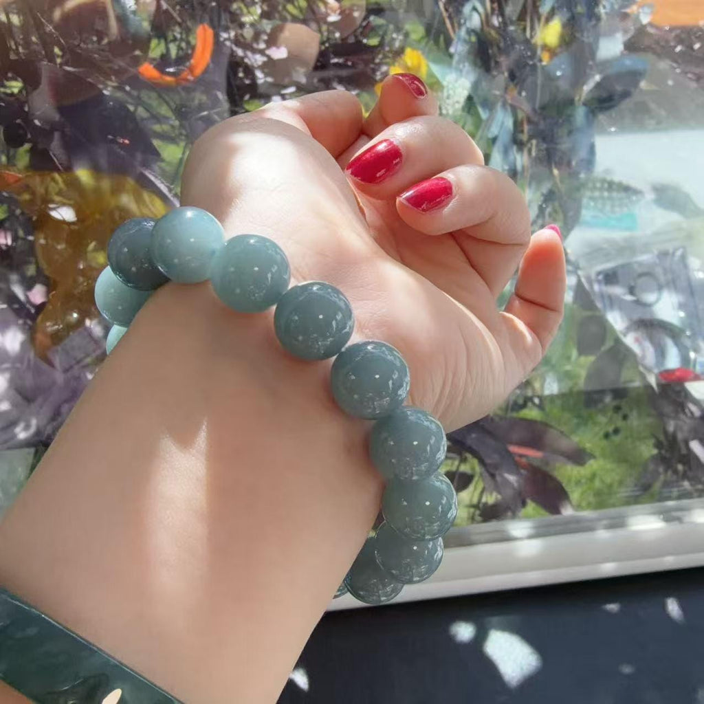 Natural Blue Water Jadeite Bracelet, 12.5–13mm Large Bead Jade Bracelet, Custom Size 6–9 Inches, Minimalist Real Jadeite Bracelet