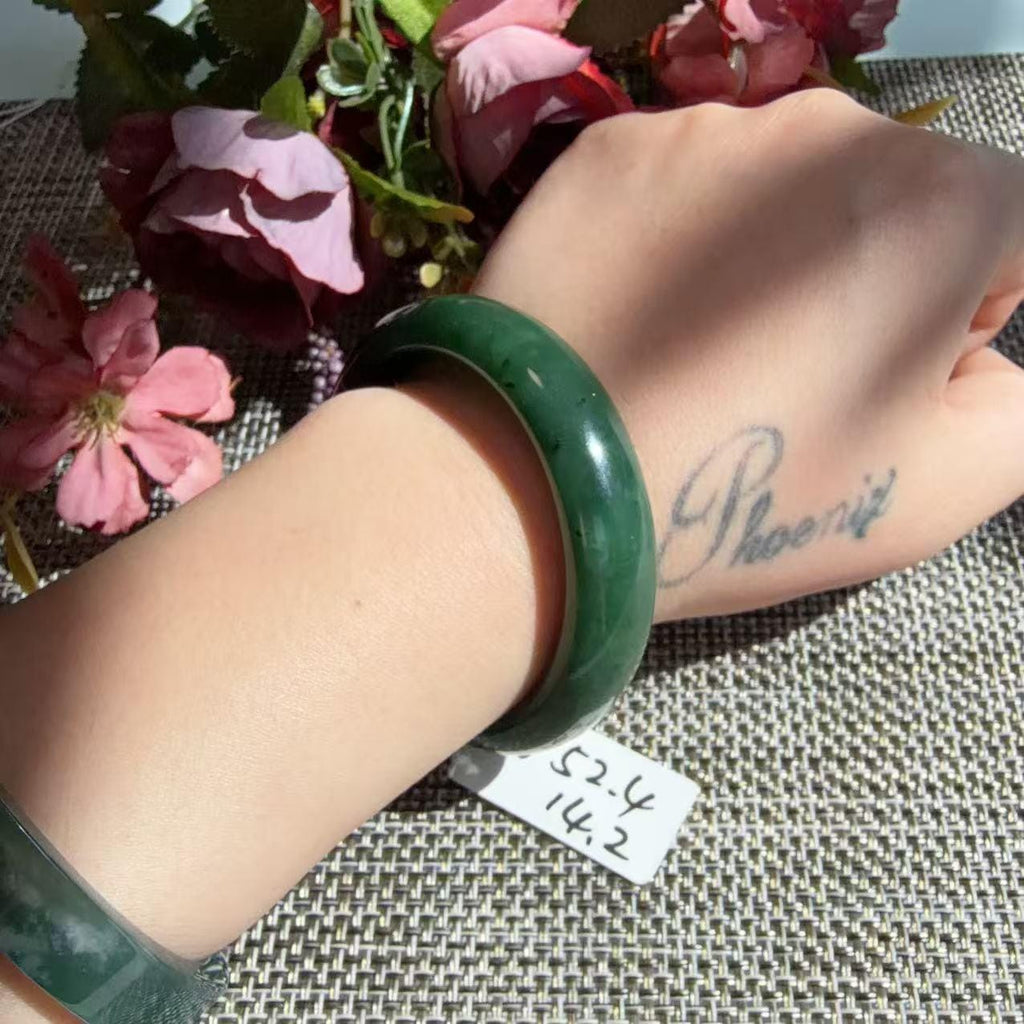 Natural Nephrite Jade Bangle Bracelet | Deep Green Jade Wide Bangle | Small Size Bangle 52.4mm | Classic Round Jade Bracelet | Gift for Her